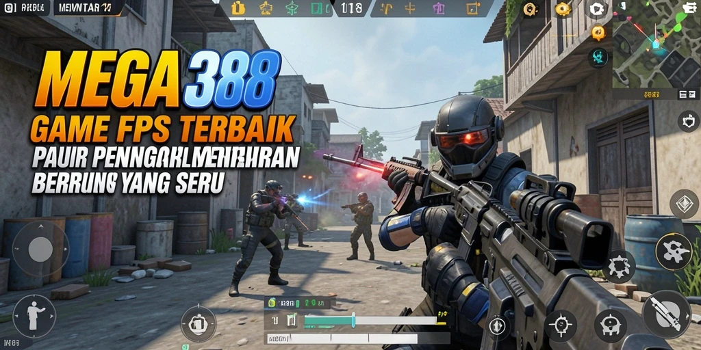 Screenshot utama MEGA388 menampilkan aksi tembak-menembak yang mendebarkan.