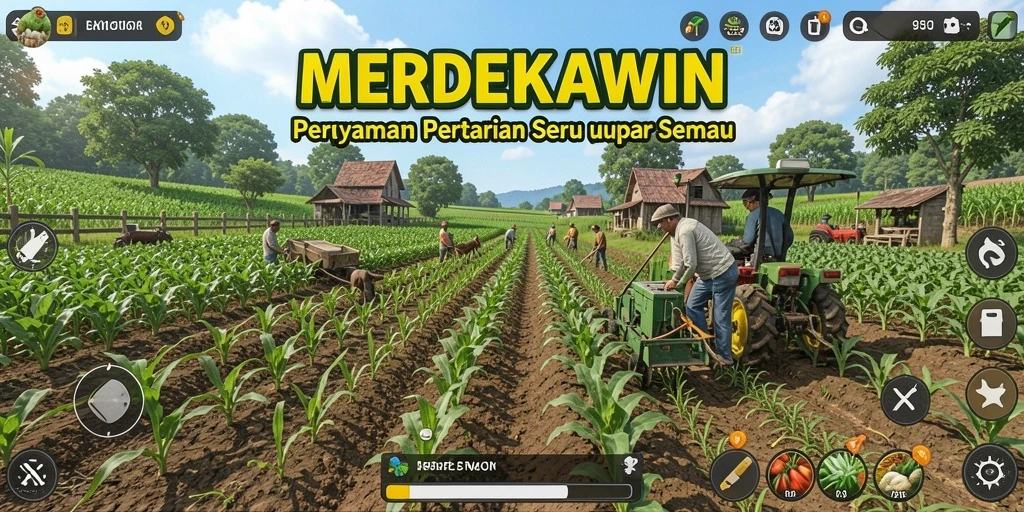 Screenshot gameplay MERDEKAWIN menampilkan lahan pertanian yang subur dan tanaman yang sehat.