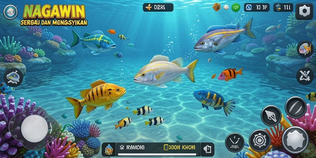 Screenshot gameplay NAGAWIN yang menunjukkan aksi tembak ikan.