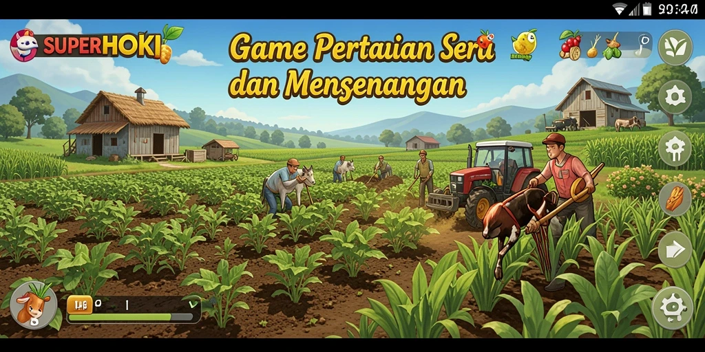 Tampilan gameplay SUPERHOKI dengan nuansa pertanian yang cerah.