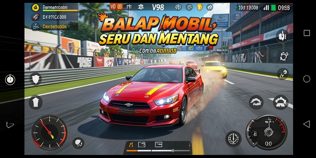 Tangkapan layar gameplay V98 menampilkan aksi balapan yang mendebarkan.