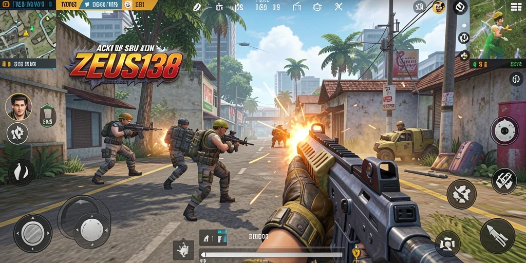 Screenshot gameplay ZEUS138 menampilkan aksi seru di pertempuran TPS.